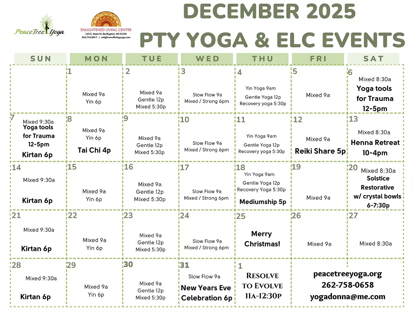 Yoga Class Calendar