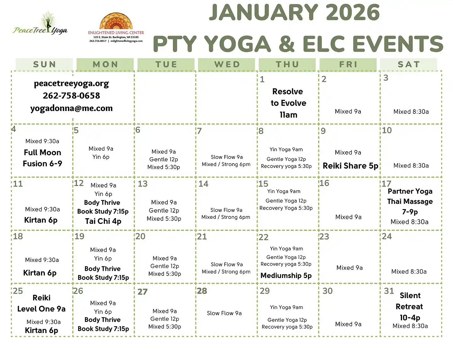 Yoga Class Calendar