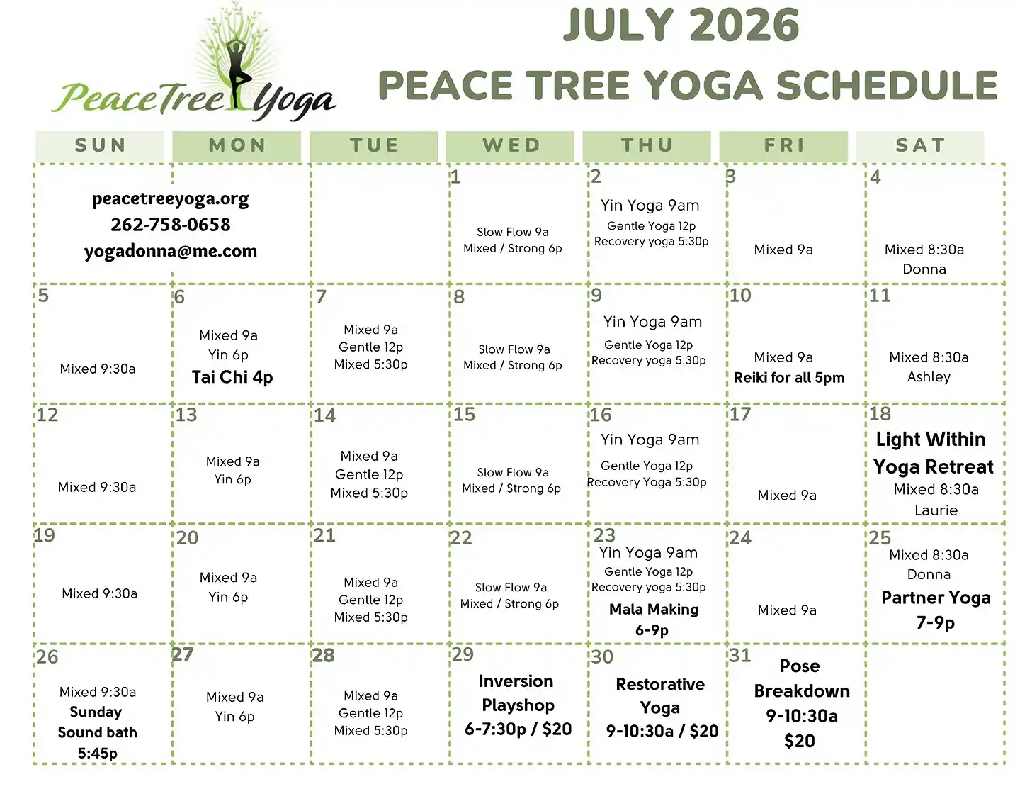Yoga Class Calendar